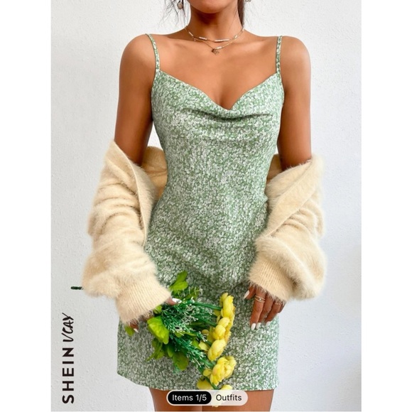 SHEIN VCAY Ditsy Floral Draped Belted Cami Dress green flowers cute feminine sm - Picture 2 of 16